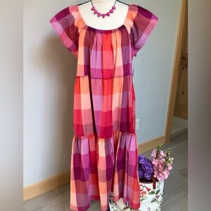 NEW Romantic Tiered Pink Plaid Midi Summer Dress